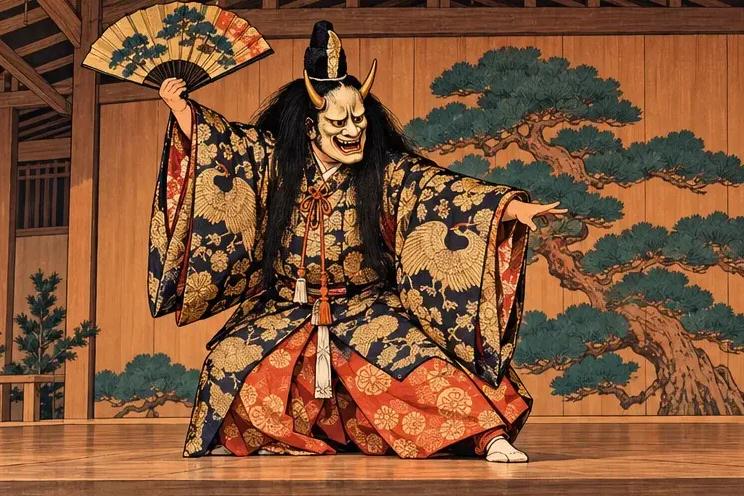 A Noh actor in a mask and rich robes frozen in a dramatic pose