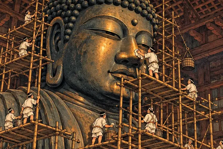Workers on scaffolding polishing the giant Buddha's nose at Todai-ji