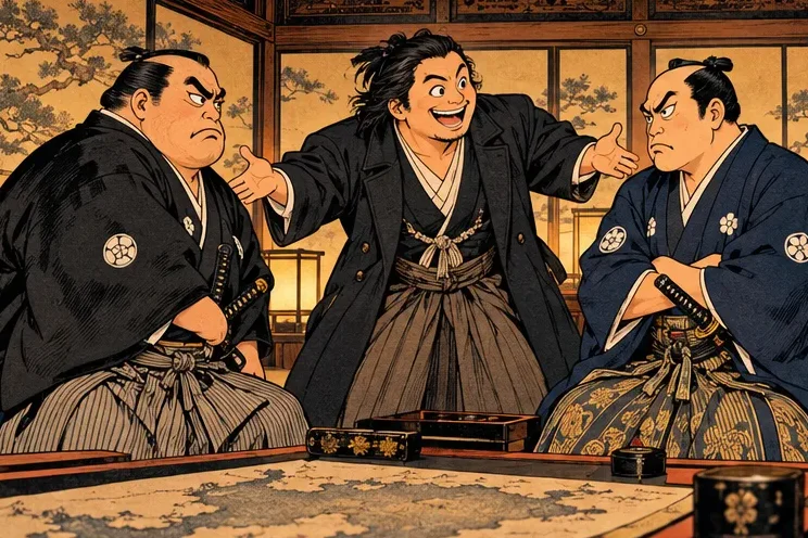 Sakamoto Ryōma in a long coat and boots talking two stern domain lords into shaking hands