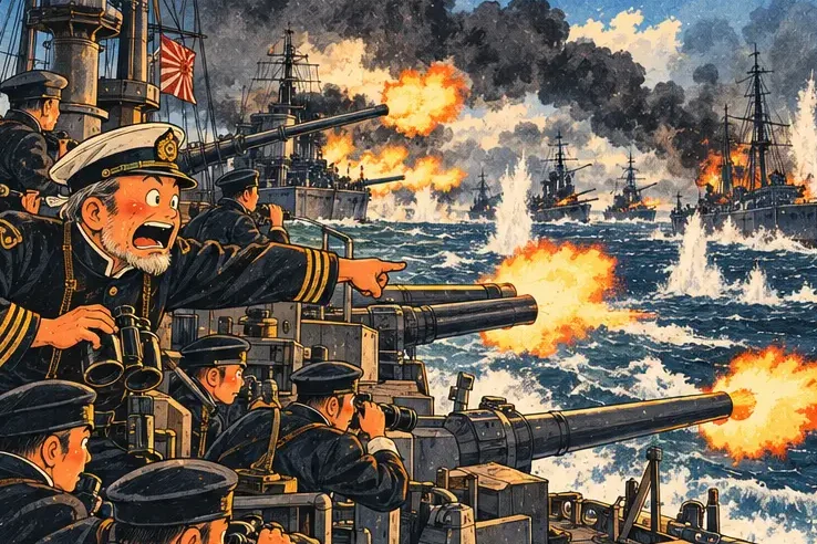 Japanese battleships in a line firing at Russian ships in a grey sea