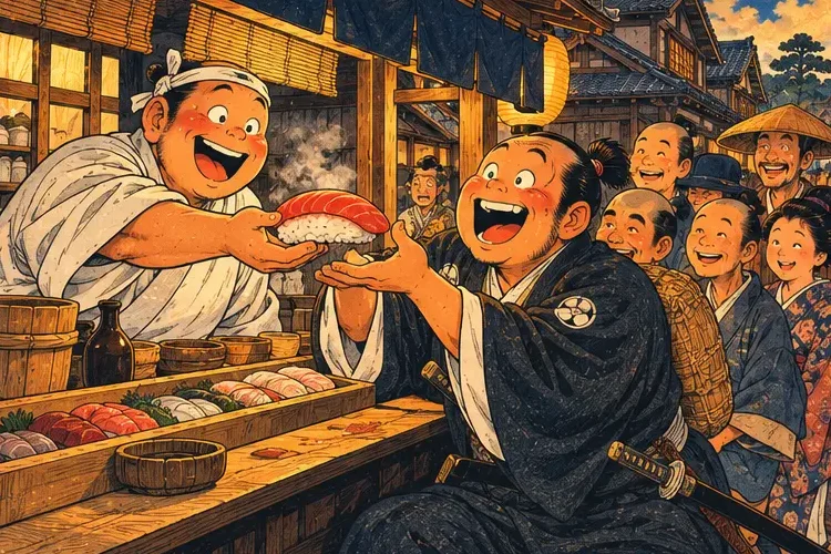A sushi stall owner handing a huge hand-pressed sushi to a happy samurai