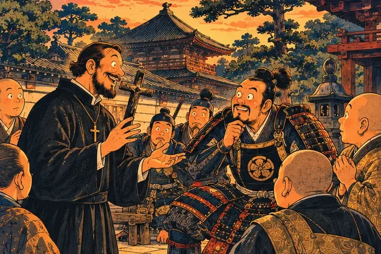 Francis Xavier in a black robe speaking to curious locals while a baffled samurai looks on