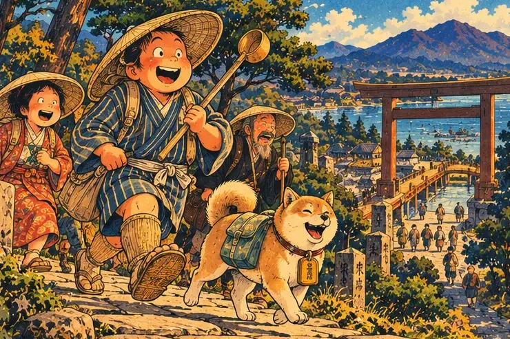 A joyful crowd of pilgrims heading to Ise, some with ladles and straw hats