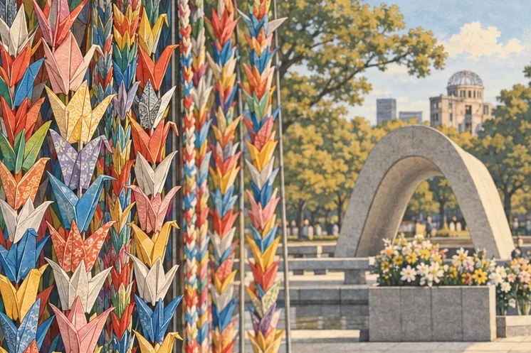 Thousands of colourful paper cranes strung together in a memorial