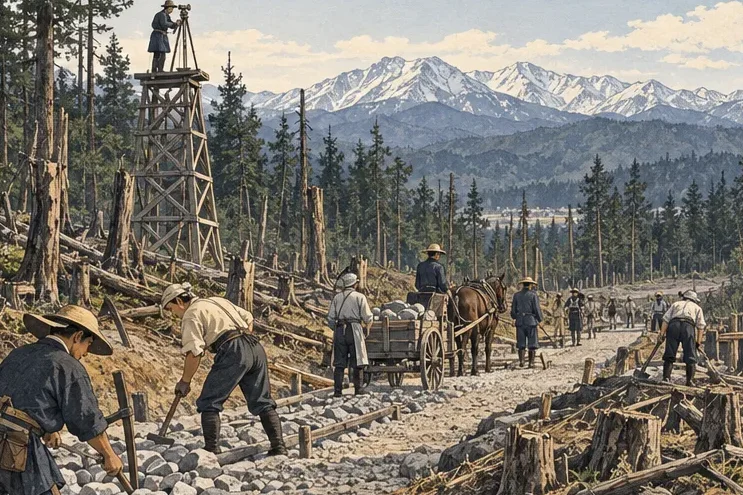 Settlers clearing land with early Meiji machinery under snowy mountains