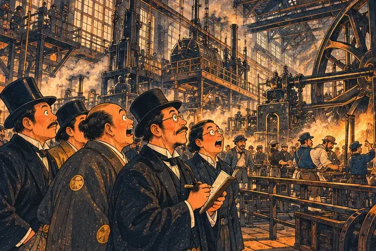Officials in a mixture of samurai topknots and Western coats looking at a huge European factory