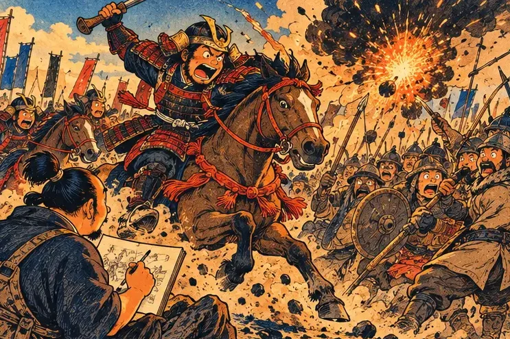 A samurai on horseback charging toward a bursting grenade while a Mongol archer takes aim
