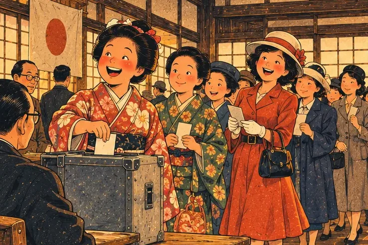 Japanese women lining up to vote for the first time in 1946