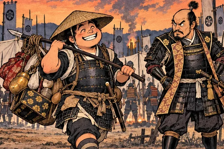 A light-armoured foot soldier with a bamboo hat grinning behind a bundle of looted goods