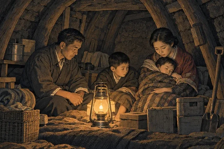 Families sheltering in an air-raid shelter by lamplight