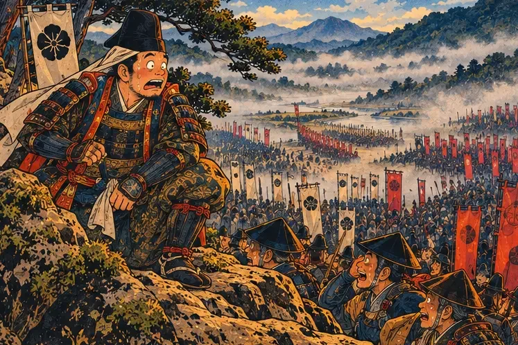 A nervous general on a hilltop holding up a tiny flag as both armies glare up at him