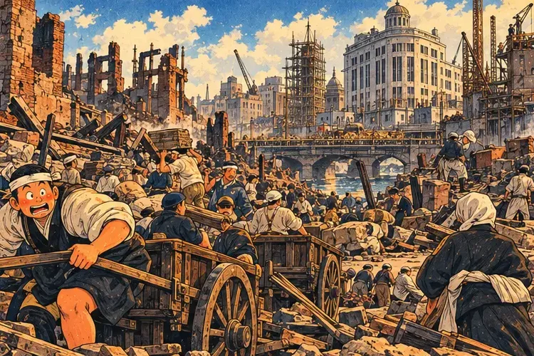 Tokyo rebuilding after the earthquake with workers, new concrete buildings and a determined crowd