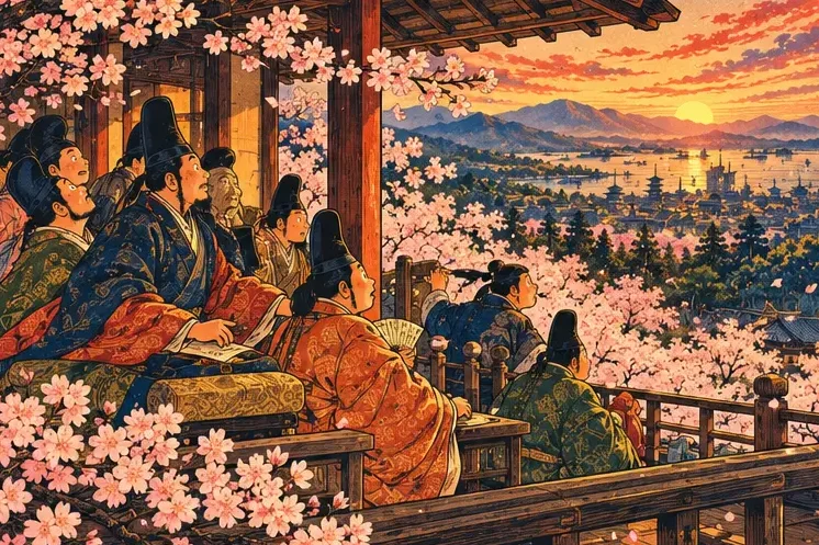 The southern court in a mountain hall surrounded by blooming cherry trees